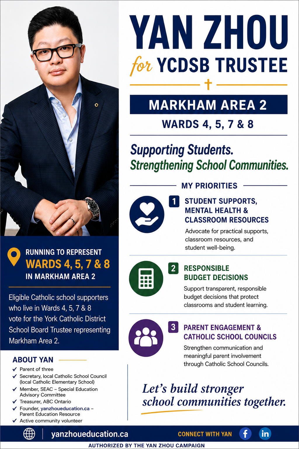 Yan Zhou Announces Candidacy for YCDSB Trustee in Markham Area 2